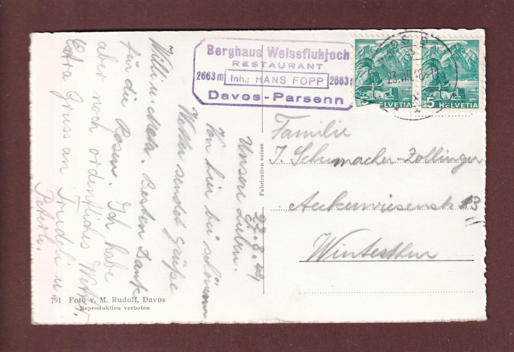 Cartoline postali: WEISSFLUHJOCH - 1948 – Usato da Pully venduto da nicecards 1