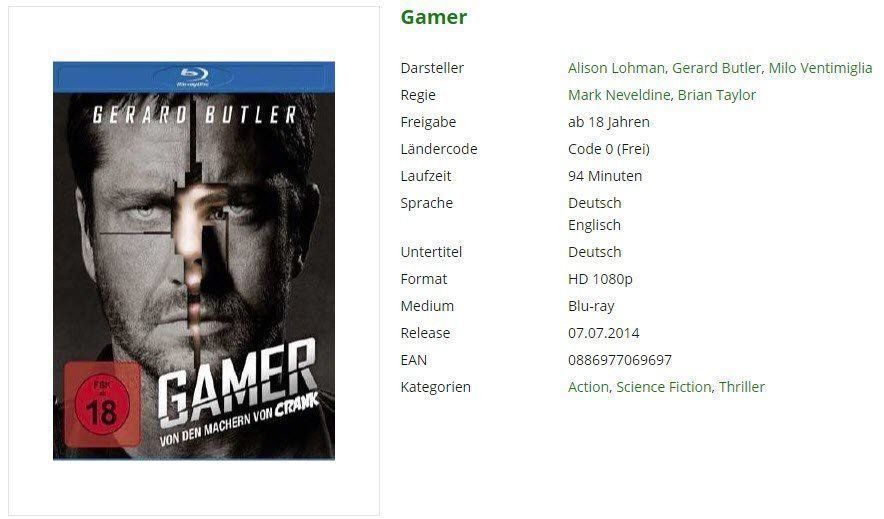 Tutti i DVDs: Gamer (Blu-Ray) – Usato da Buchrain venduto da Sssschaller