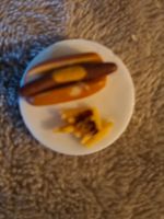 Leckerer Teller mit Hot-Dog, Pommes,Handgemacht Sammlerstück