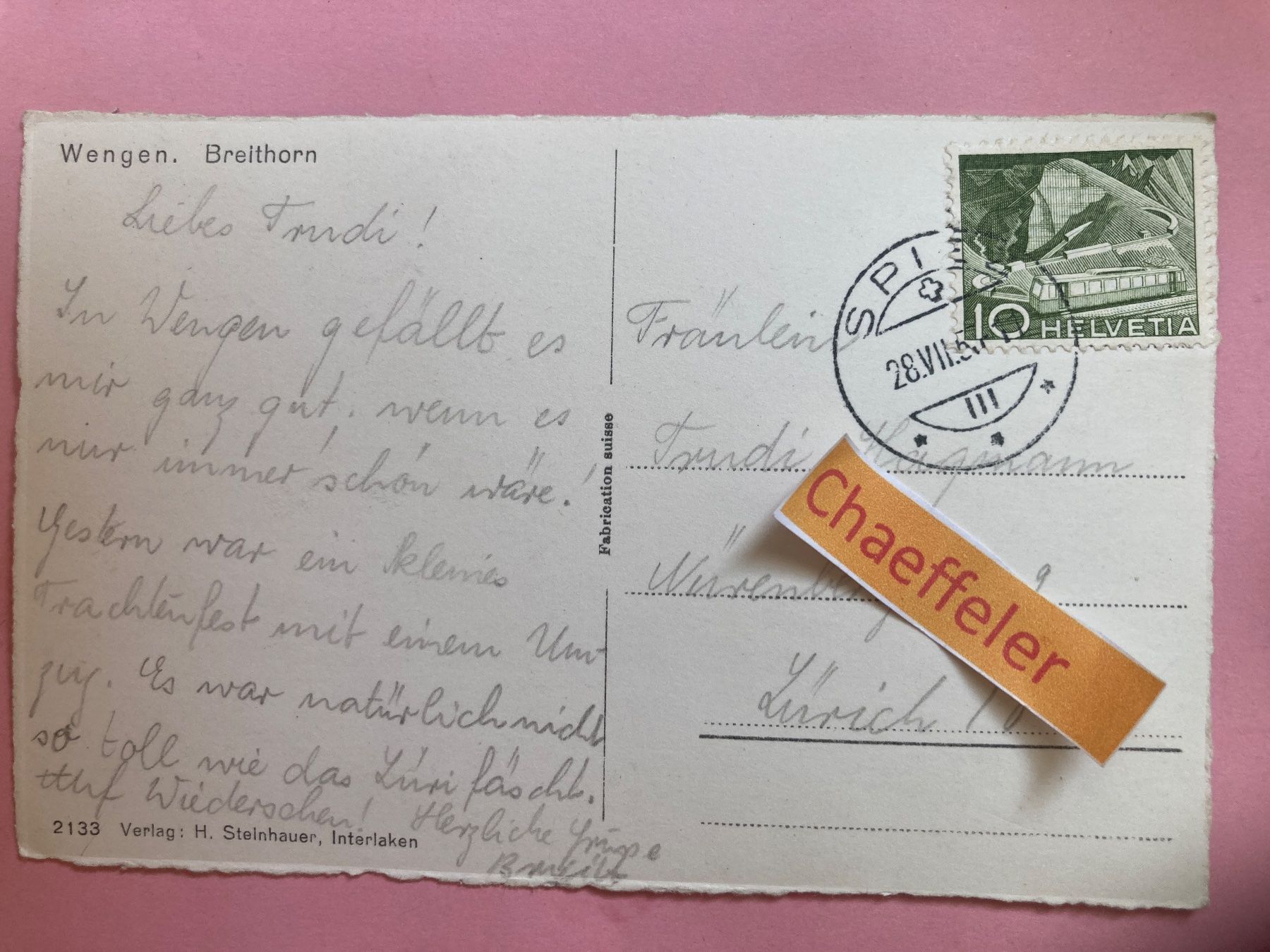 Cartoline postali: 1953 Wengen, Breithorn – Usato da Zürich venduto da Chaeffeler 1