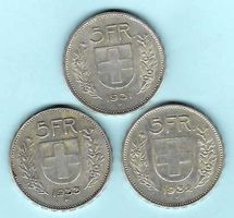 1931,1932+1933 Lot 3x 5 Franken Silber, vorz. (15960)