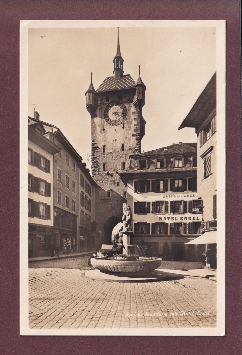 Cartoline postali: BADEN - Stadtturm - Hotel Engel - 1927 – Usato da Pully venduto da nicecards