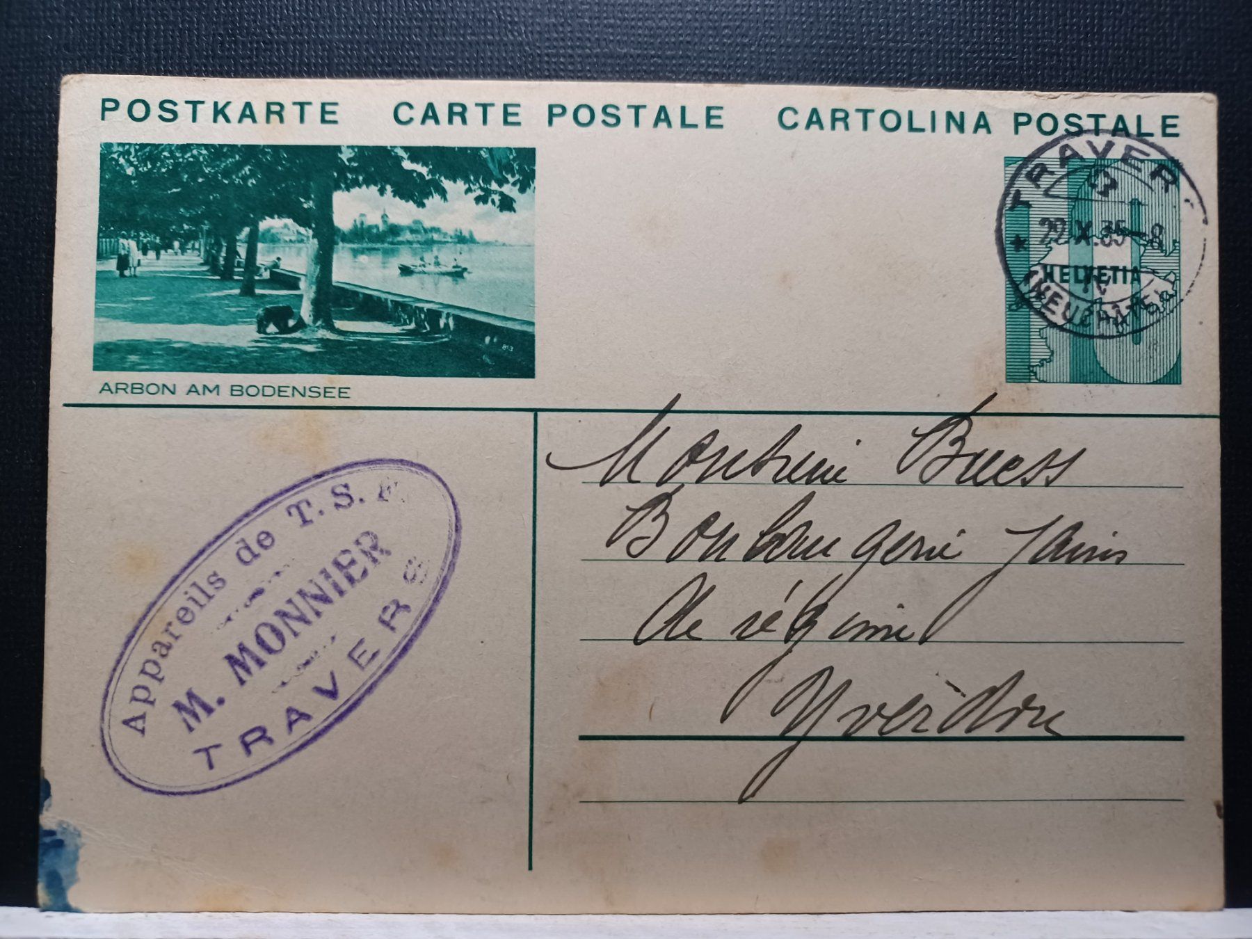 Tutti i francobolli: Bildpostkarte Arbon, 1935, Stempel Travers, M.Monnier – Usato da Aarau Rohr venduto da mgvw