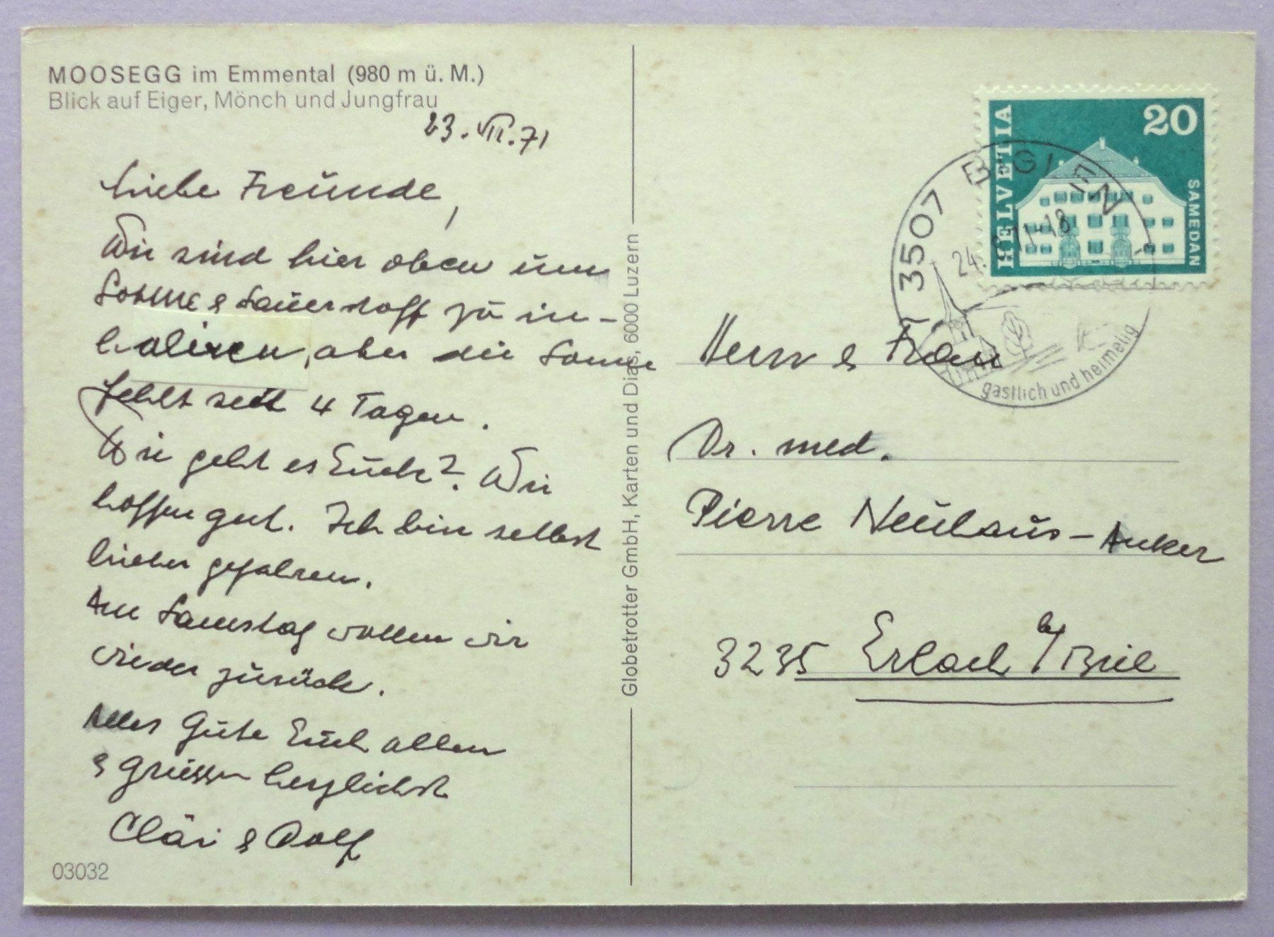 Cartoline postali: Moosegg im Emmental (980 m ü.M.) – Usato da Fétigny venduto da Billy2miny 1