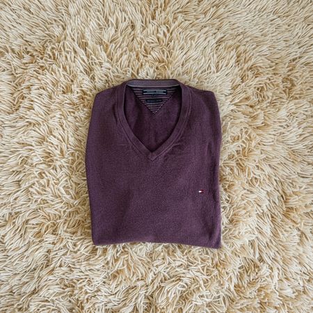Pull léger Tommy Hilfiger homme L violet bordeaux manches lo