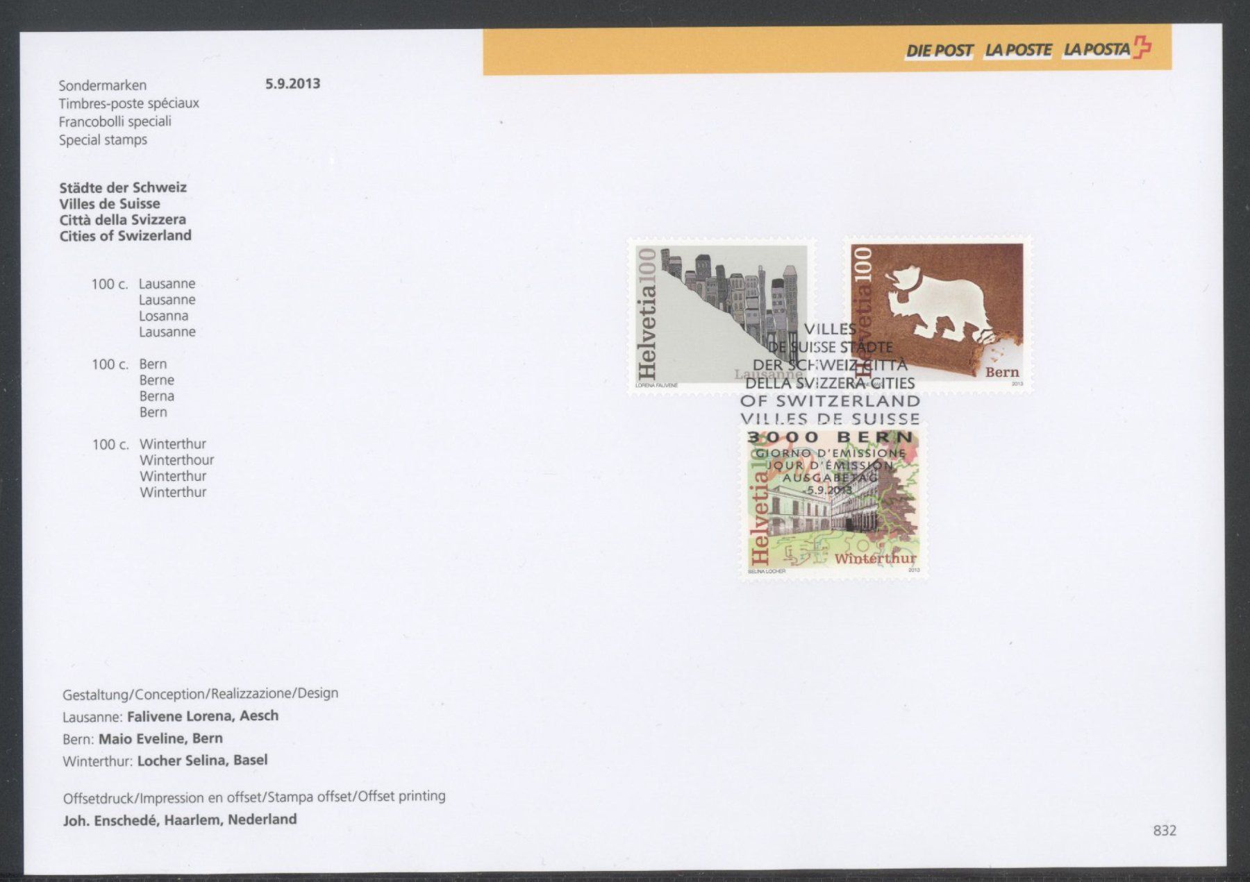 Tutti i francobolli: 2013, Sammelblatt, Städte der Schweiz, Nr. 832 – Usato da Willisau venduto da Vollstempel