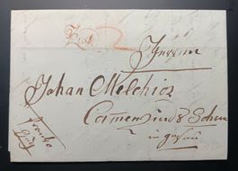 Faltbrief m.seltenem roten Stempel ZUG von 1827 Menzingen