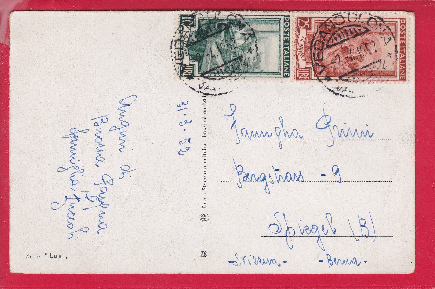 Cartoline postali: ENGELKARTE, 9.4.1952 – Usato da Oberrieden venduto da Gebirgsstelze 1