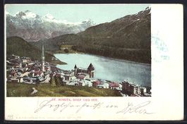 AK St. Moritz, Dorfansicht mit See, 1902