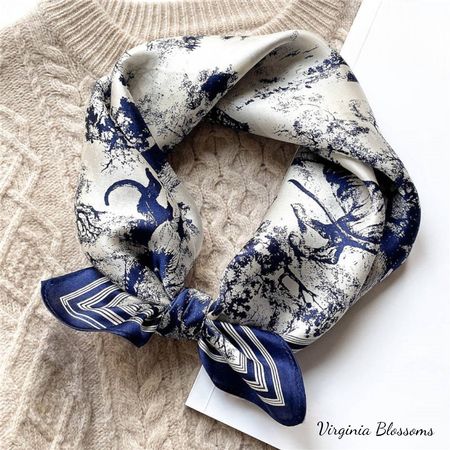 New 53cm Silk Scarf, Blue Abstract Forest, Blue White Scarf