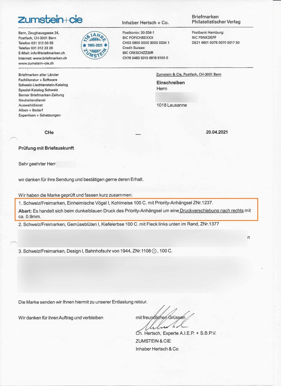 Tutti i francobolli: ZNr 1237.1.0... **EXEMPLAIRE UNIQUE ! EINZIGES EXEMPLAR ! ** – Usato da Lausanne venduto da Polo07 3