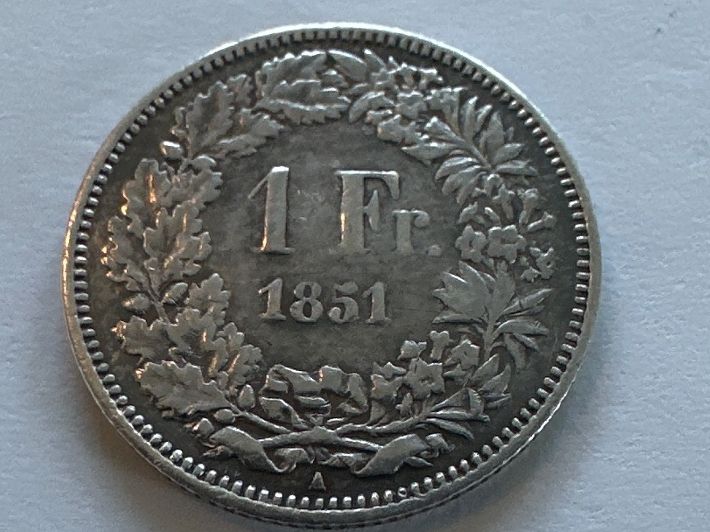Alle Münzen: 1Fr 1851 vz – Gebraucht aus Erlach von gubbe1 1