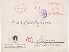 Helsinki 1940, Brief nach Siegen 350P - Freistempel + Zensur