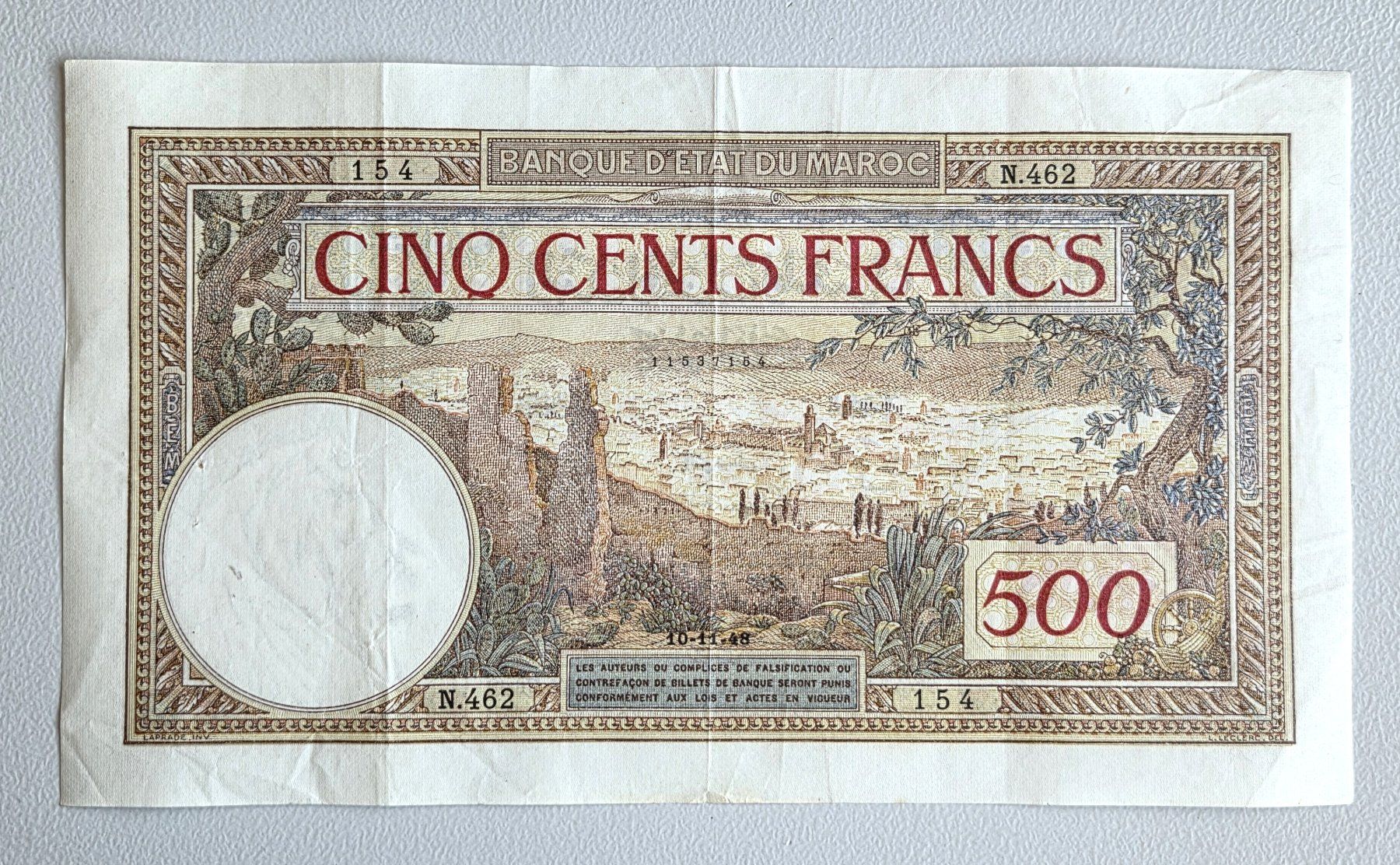 Banconote: 500 Francs Maroko 1948 – Usato da Kriens venduto da 1mars10