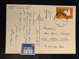 CH 1973 Nachporto 10 Rp. Karte aus Belgien T-Stempel
