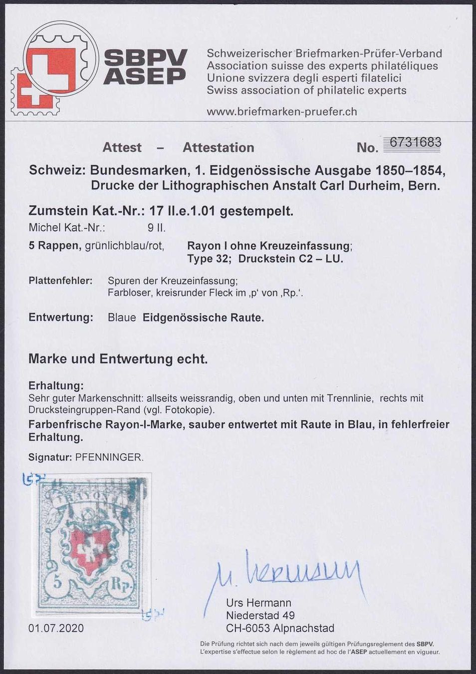 Tutti i francobolli: Rayon I: T.32 C2-LU, mit Gruppen-Rand +Plattenfehler +Attest – Usato da Sursee venduto da Luzernerraute 4