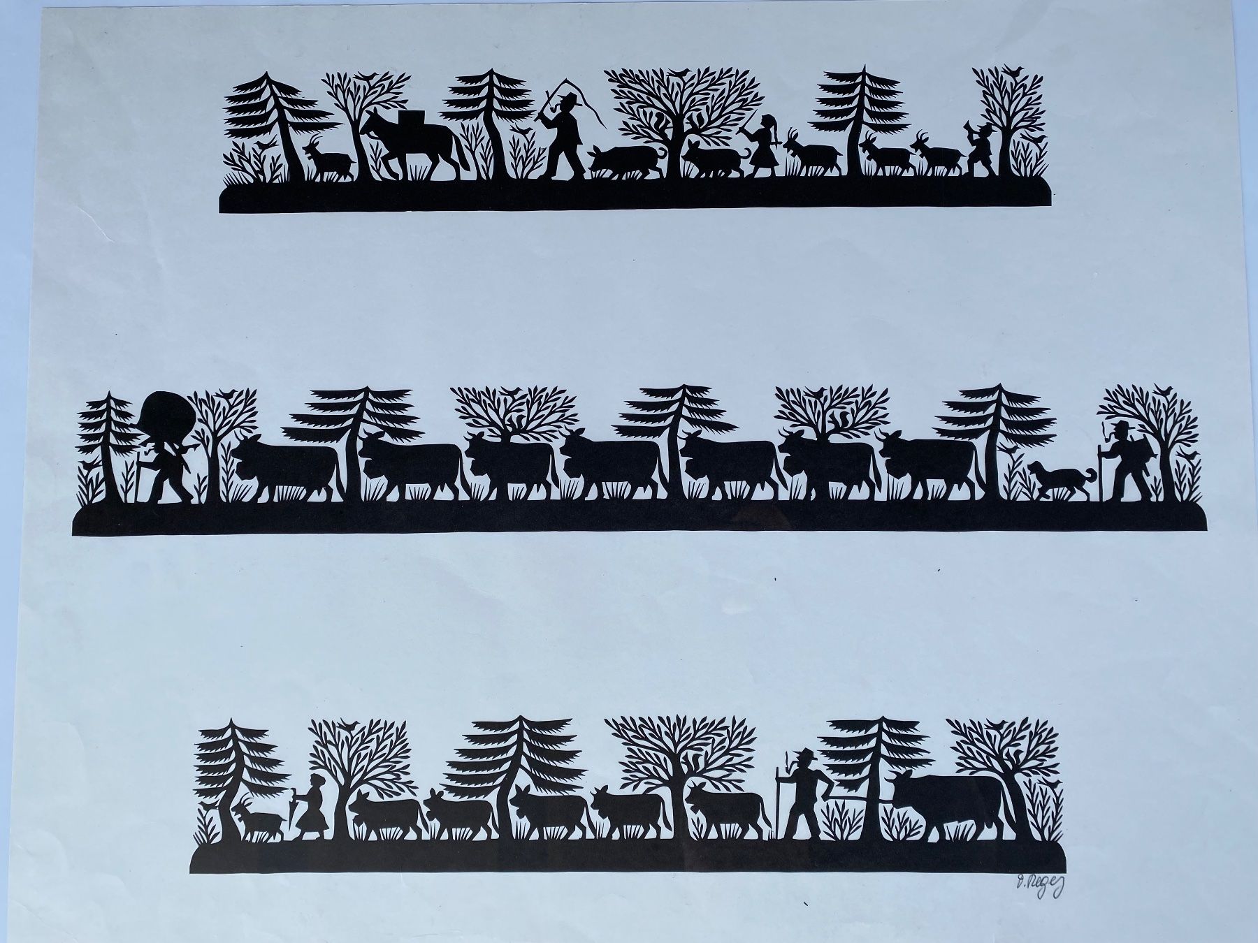 Campanacci mucche: schöne Scherenschnitt Lithographie von David Regez – Usato da Feldbach venduto da Fea1 6