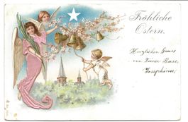 Samt-Applikation - Fröhliche Ostern - Engel - Litho - 1901