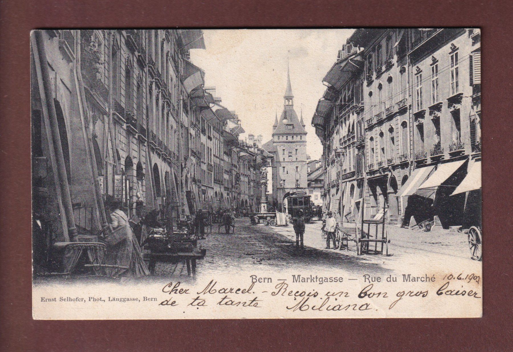 Cartoline postali: BERN - Marktgasse - Tram - 1903 – Usato da Pully venduto da nicecards-shop