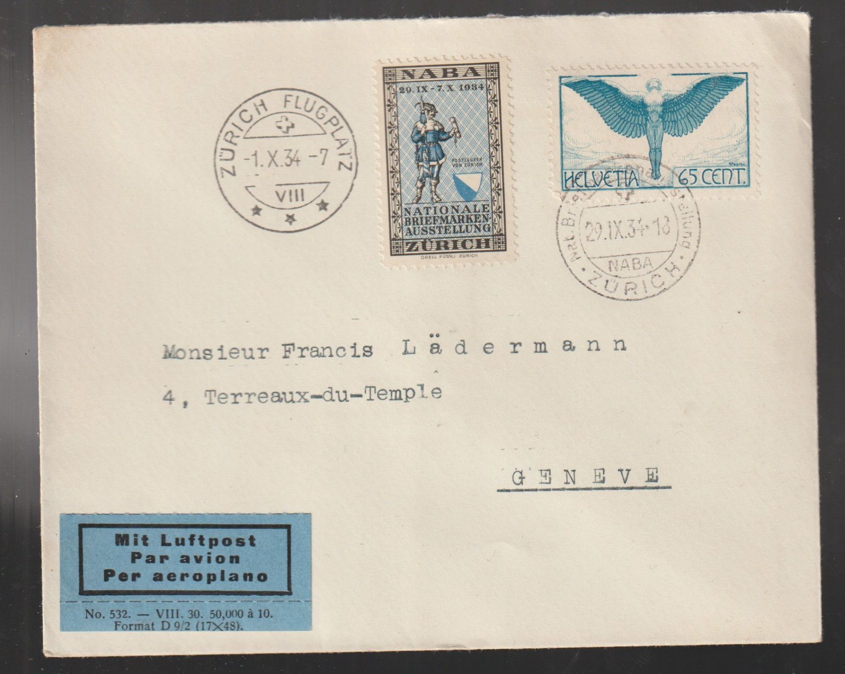 Tutti i francobolli: Luftpost Brief 1934 mit Vignette NABA Gestempelt NABA – Usato da Biel/Bienne venduto da Destockweb