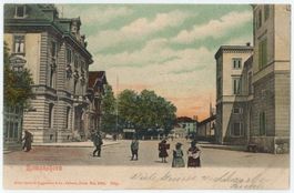 TG 225 Romanshorn Bahnhof und Postgebäude belebt 1903