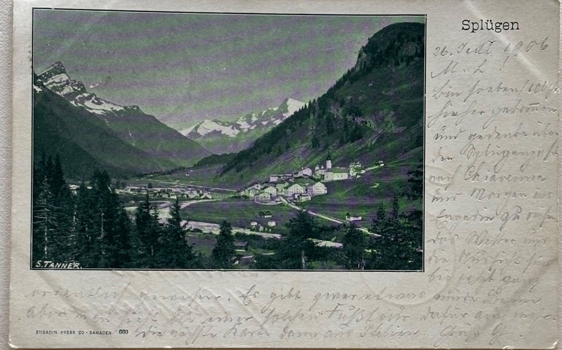 Cartoline postali: Splügen von Simon Tanner, 1906 – Usato da Frauenfeld venduto da Merk52