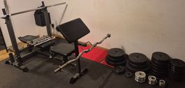 Hantelbank, 183kg Gewichte, Lang/SZ & 4x Kurzhanteln