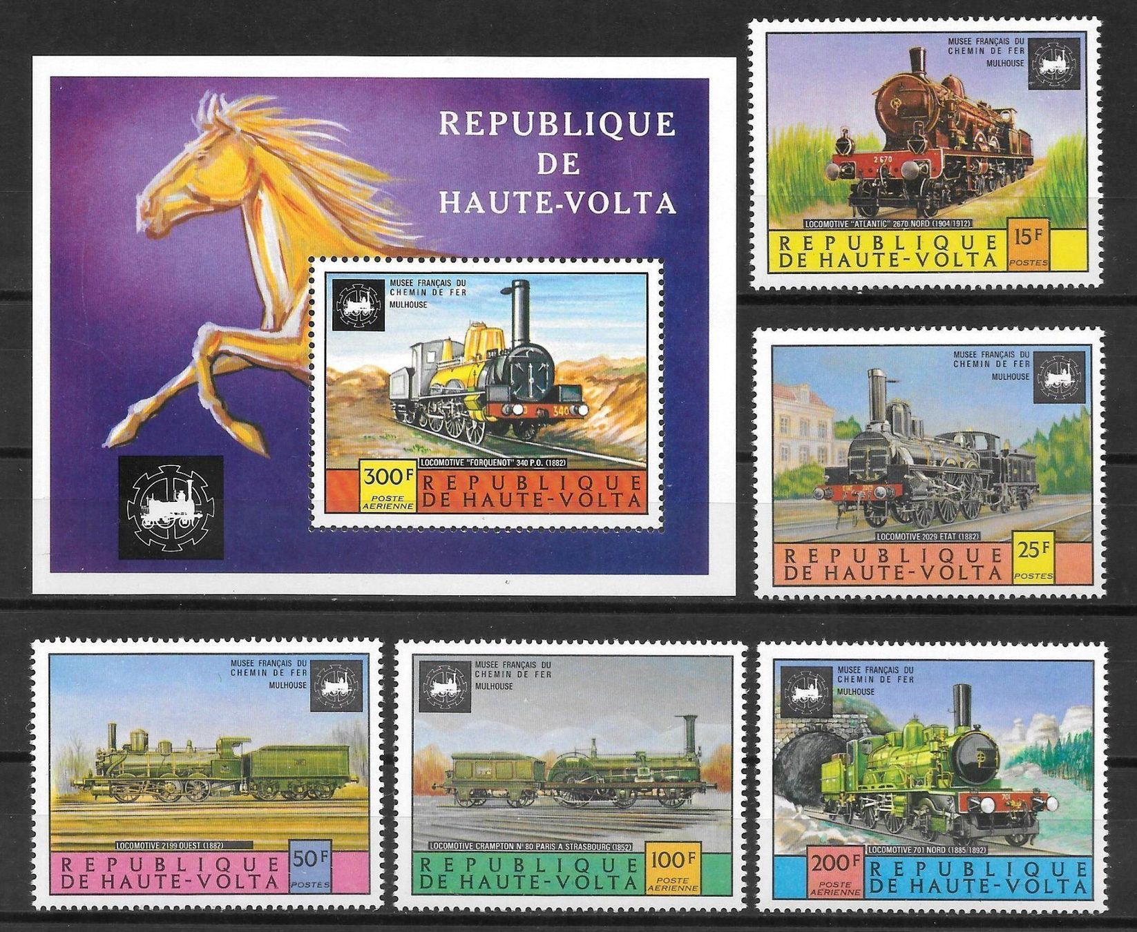 Tutti i francobolli: Obervolta Serie 557 - 561 + Block 32 Eisenbahn ** 28.2.1975 – Nuovo (secondo la descrizione) da Olten venduto da clotaldi