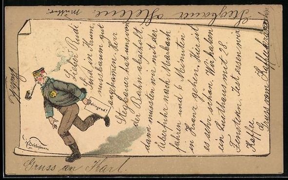 Cartoline postali: sign. Schliessmann: Postbote mit Pfeife  – Usato da Berlin venduto da bartko-reher