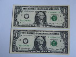 2 US Dollar Noten 2009, Fortlaufende Nummer, Zustand Unc