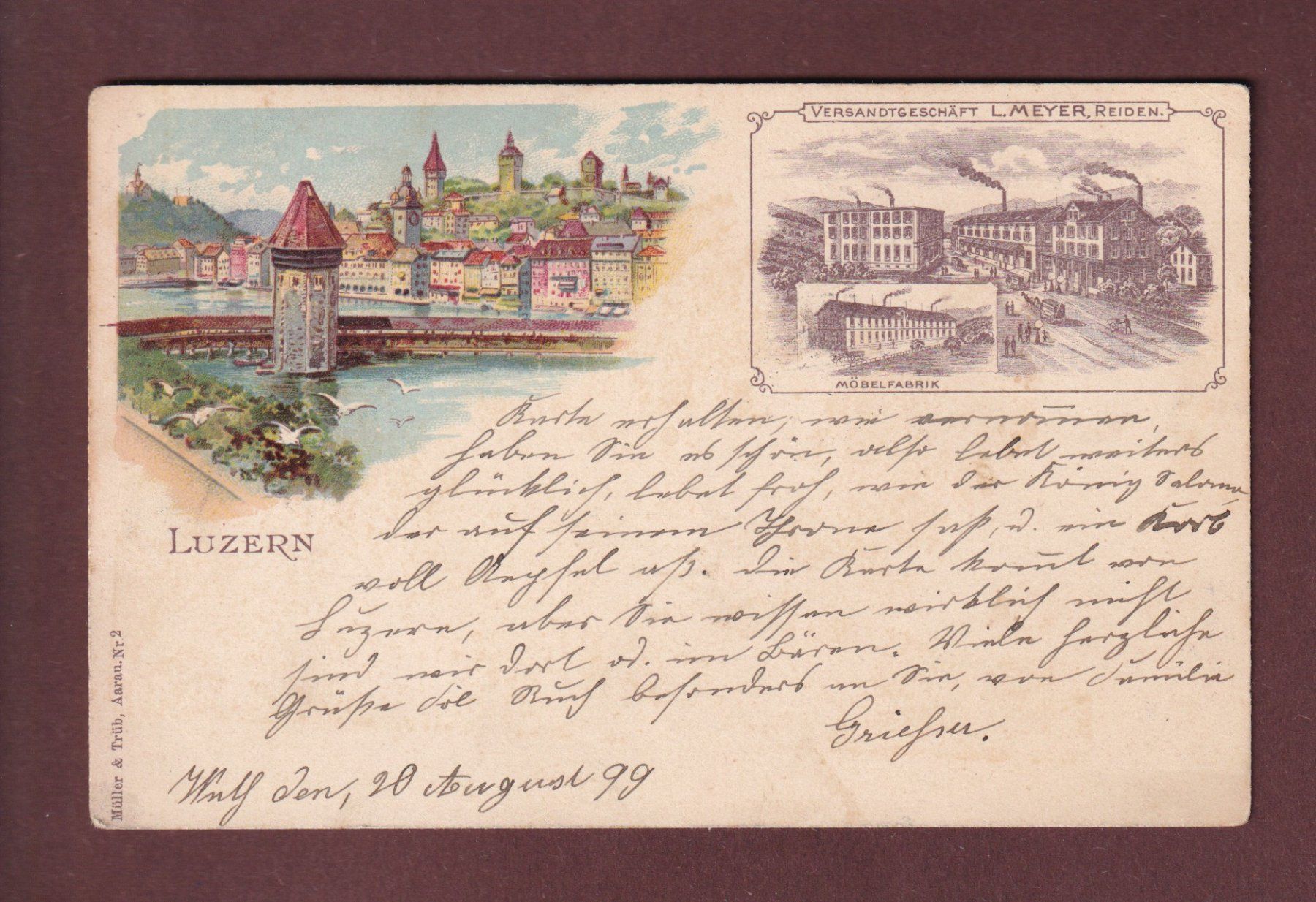 Cartoline postali: LUZERN - Möbelfabrik L. Meyer - 1899 – Usato da Pully venduto da nicecards