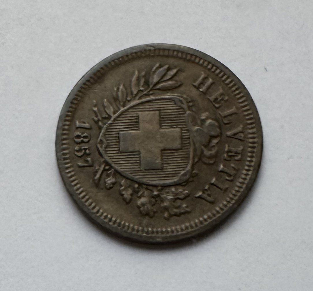 Alle Münzen: 1857 1 Rappen -unz – Gebraucht aus Kirchberg SG von Helveticus00 1