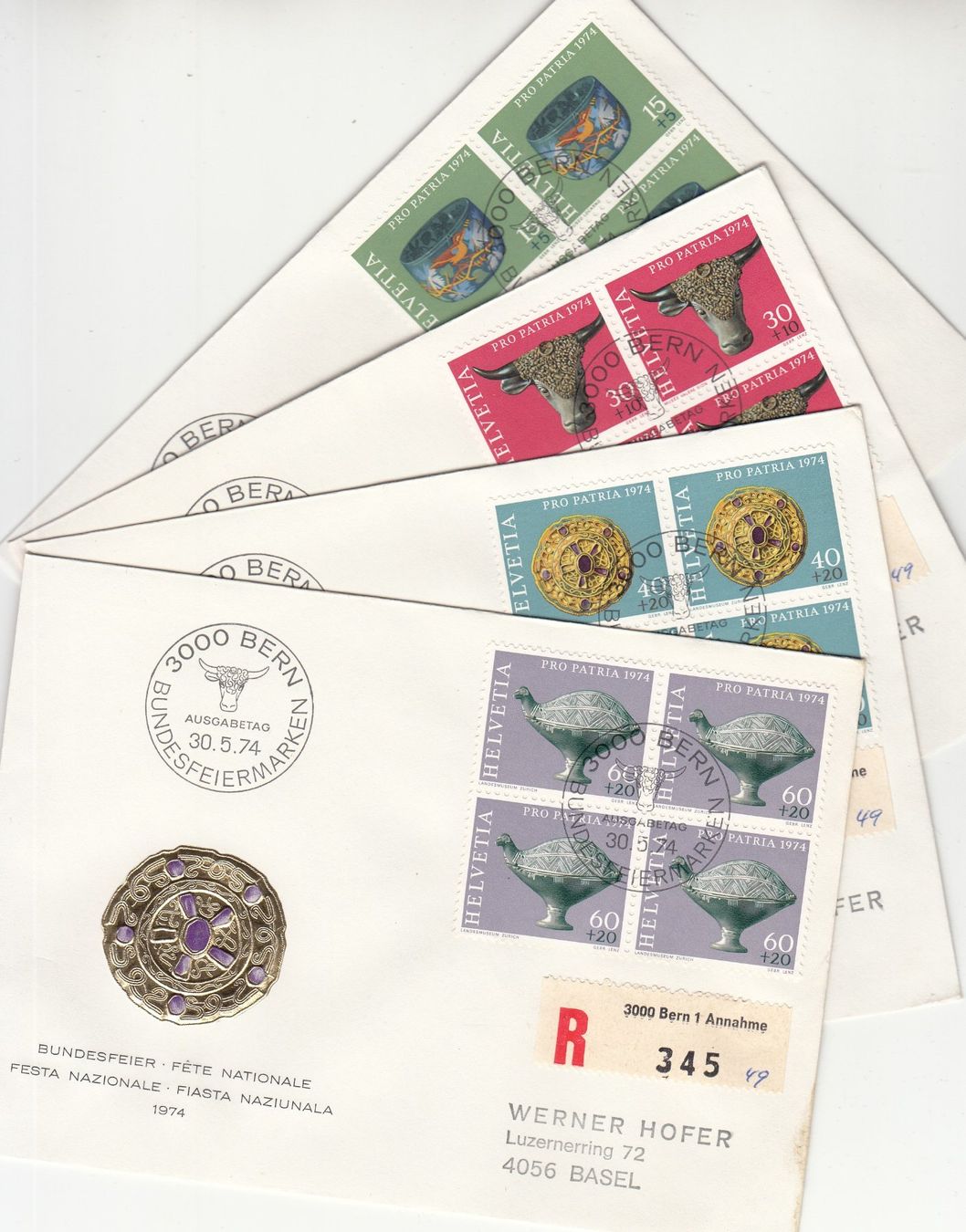 Alle Briefmarken: SBK B162 - B165 im 4er-Block FDC – Gebraucht aus Bürglen TG von StampGraf