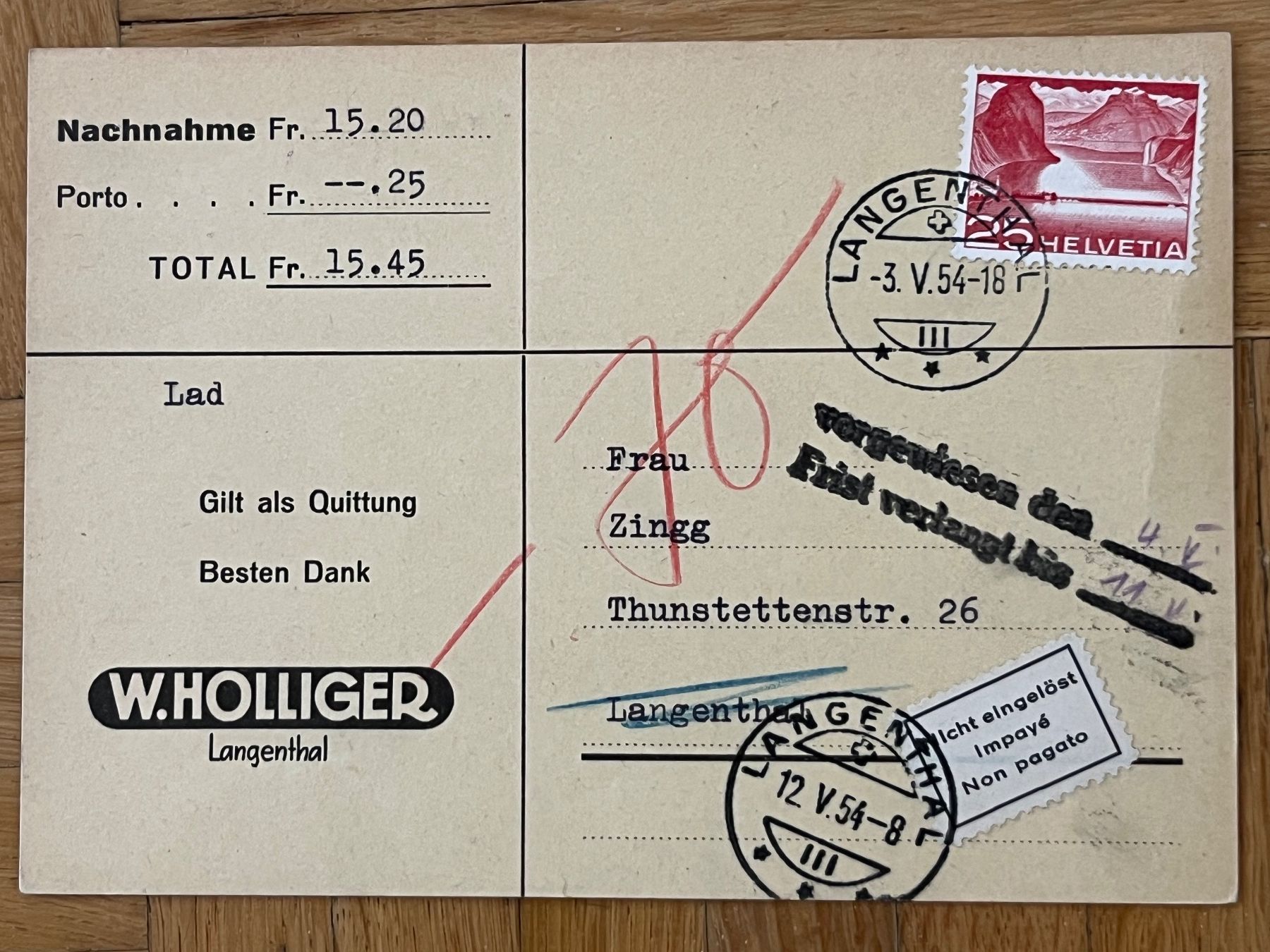 Tutti i francobolli: Firmenbrief W. Holliger Langenthal, 1954 – Usato da Romanshorn venduto da luxcollect