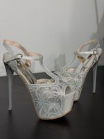 Silver Glitter Platform High Heels Size 39 T-Strap Style