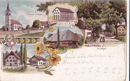 Reitnau farbige Lithografie 4 Bilder mit Strohdachhaus