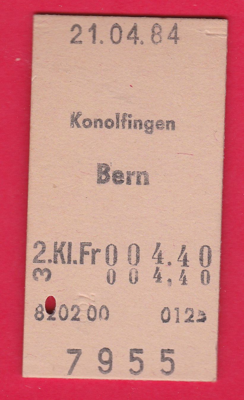 Biglietti: KARTON BILLETT, KONOLFINGEN - BERN, 2.KLASSE, EINFACH, 1984 – Usato da Oberrieden venduto da Gebirgsstelze