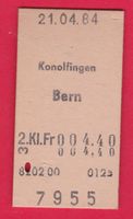 KARTON BILLETT, KONOLFINGEN - BERN, 2.KLASSE, EINFACH, 1984