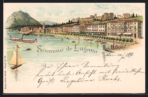 Ansichtskarten: Litho Lugano, Partie der Promenade, Damp – Gebraucht aus Berlin von bartko-reher