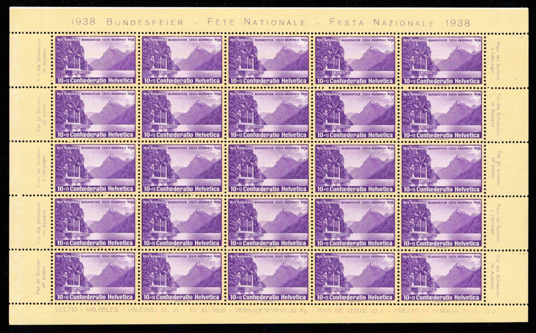 Tutti i francobolli: 1938 Pro Patria B1y im Bogen, postfrisch ** – Nuovo (secondo la descrizione) da Nuglar venduto da Stamp88