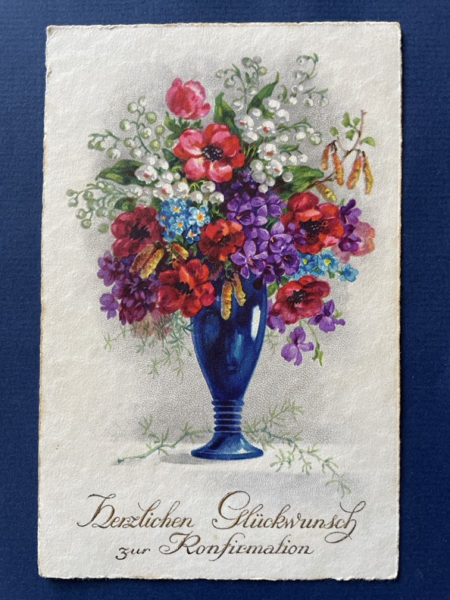 Cartoline postali: Alte Ansichtskarte mit Blumen-Illustration zur Konfirmation  – Usato da Neuhausen am Rheinfall venduto da Arielle55