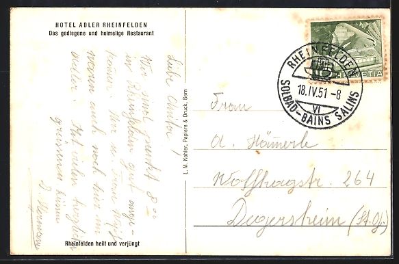 Cartoline postali: Rheinfelden, Hotel-Restaurant Adler, Inn – Usato da Berlin venduto da bartko-reher 1