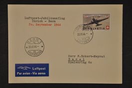 1944 Jubiläumsflug 4 Belege Zürich, Bern, Lausanne, Genf