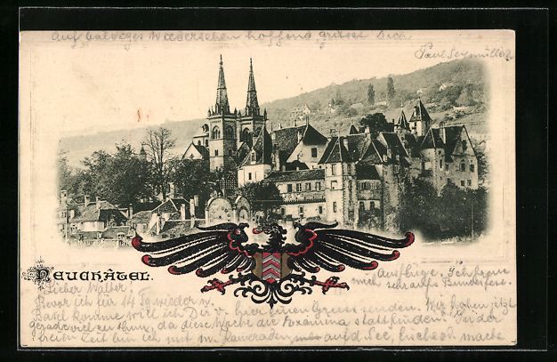 Cartoline postali: Neuchâtel, Ansicht vom Schloss, Wappen – Usato da Berlin venduto da bartko-reher