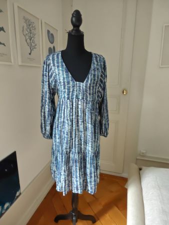 Maison 123 Paris Blue White Ikat Tunic Tiered Dress flowy 36