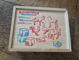 Puzzle de cubes vintage ferme jouet enfant bois 9 pièces