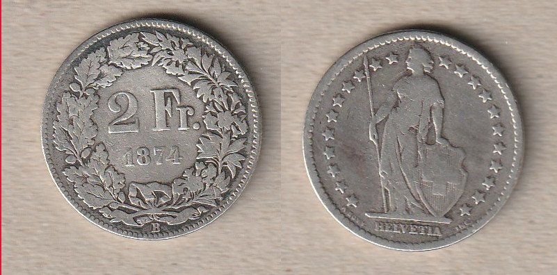Alle Münzen: 2 Franken 1874 – Gebraucht aus Allschwil von Coinfreak