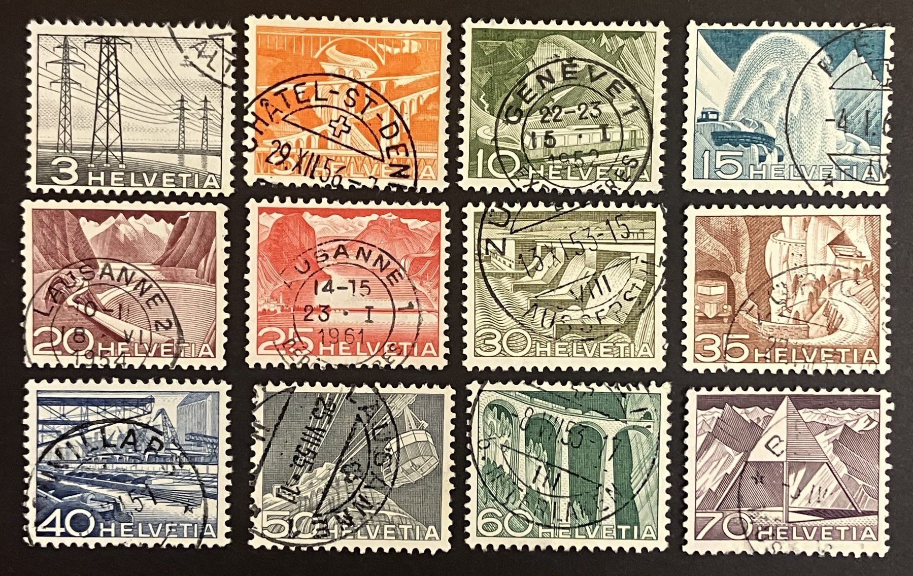 Tutti i francobolli: SATZ TECHNIK + LANDSCHAFT 1949 ⦿ – Usato da Oberwil BL venduto da SALOB