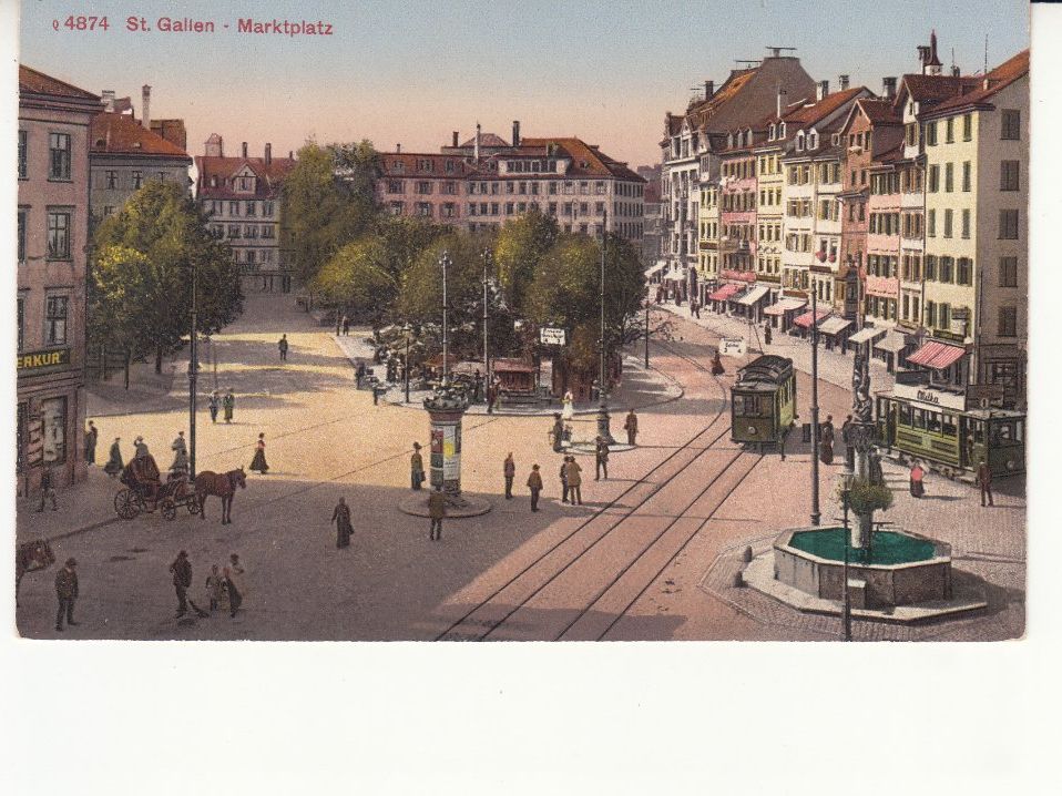 Cartoline postali: St. Gallen Marktplatz ca. 1920 – Usato da Bürglen TG venduto da StampGraf