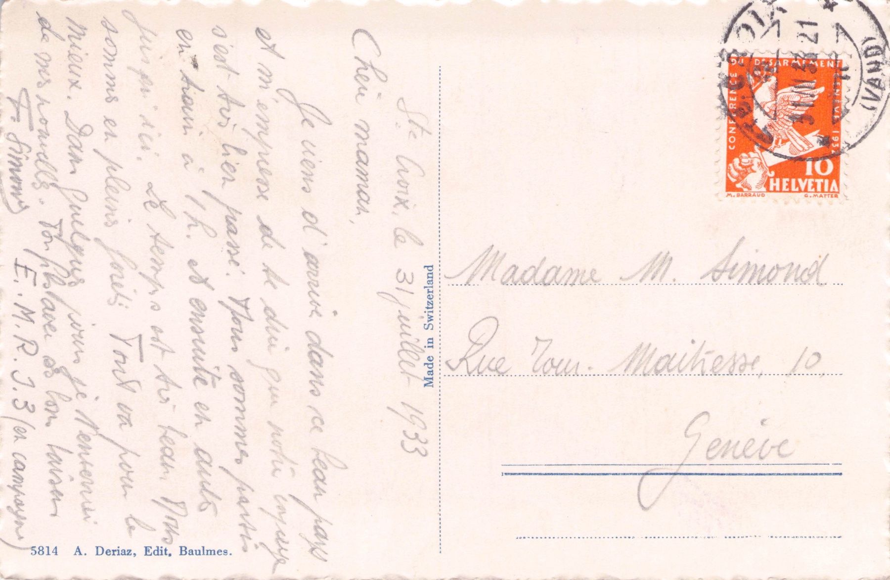 Cartoline postali: Sainte Croix NE // 1933 La Sagne Culliairy – Usato da Basel venduto da intermezzo12 1